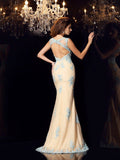 Trumpet/Mermaid Bateau Applique Sleeveless Long Satin Dresses TPP0003153