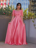 A-Line/Princess Square 1/2 Sleeves Charmeuse Ruffles Floor-Length Dresses TPP0004692