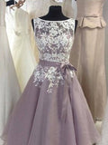 A-Line/Princess Sleeveless Sheer Neck Knee-Length Applique Organza Bridesmaid Dresses TPP0005462