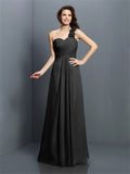 A-Line/Princess One-Shoulder Hand-Made Flower Sleeveless Long Chiffon Bridesmaid Dresses TPP0005570