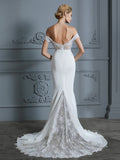 Trumpet/Mermaid Off-the-Shoulder Sleeveless Lace Chiffon Sweep/Brush Train Wedding Dresses TPP0006339