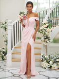 Sheath/Column Stretch Crepe Ruched Off-the-Shoulder Sleeveless Sweep/Brush Train Bridesmaid Dresses TPP0004926