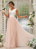 A-Line/Princess Tulle Lace V-neck Sleeveless Floor-Length Bridesmaid Dresses TPP0004942