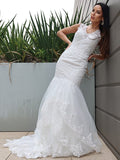 Trumpet/Mermaid Tulle Lace V-neck Sleeveless Sweep/Brush Train Wedding Dresses TPP0006142