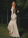 Trumpet/Mermaid Stretch Crepe Lace Off-the-Shoulder Long Sleeves Asymmetrical Bridesmaid Dresses TPP0004952