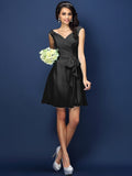 A-Line/Princess V-neck Pleats Bowknot Sleeveless Short Chiffon Bridesmaid Dresses TPP0005372