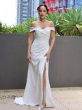 Sheath/Column Satin Ruched Off-the-Shoulder Sleeveless Sweep/Brush Train Wedding Dresses TPP0007029