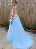 A-Line/Princess V-neck Sleeveless Sweep/Brush Train Applique Tulle Dresses TPP0001477