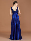 A-Line/Princess V-neck Sleeveless Satin Asymmetrical Lace Bridesmaid Dress TPP0005532