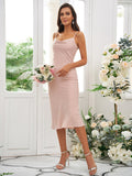 Sheath/Column Charmeuse Ruched Spaghetti Straps Sleeveless Tea-Length Bridesmaid Dresses TPP0004936