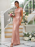 Sheath/Column Sequins Ruched Scoop Short Sleeves Floor-Length Bridesmaid Dresses TPP0004938