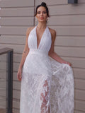 A-Line/Princess Lace Ruched Halter Sleeveless Floor-Length Wedding Dresses TPP0006073