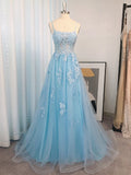 A-Line/Princess Tulle Applique Spaghetti Straps Sleeveless Sweep/Brush Train Dresses TPP0001532