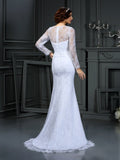 Sheath/Column Scoop Lace Long Sleeves Long Satin Wedding Dresses TPP0006422