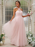 A-Line/Princess Tulle Ruffles Halter Sleeveless Floor-Length Bridesmaid Dresses TPP0004966