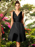 A-Line/Princess V-neck Ruched Sleeveless Short Satin Bridesmaid Dresses TPP0005404