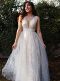 A-Line/Princess Tulle Applique V-neck Sleeveless Floor-Length Dresses TPP0004816