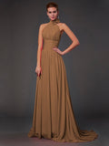 A-Line/Princess Halter Sleeveless Hand-Made Flower Long Chiffon Bridesmaid Dresses TPP0004909