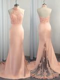 Trumpet/Mermaid Halter Sleeveless Satin Lace Sweep/Brush Train Dresses TPP0001594