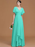 A-Line/Princess V-neck Short Sleeves Floor-Length Ruched Chiffon Bridesmaid Dresses TPP0005041