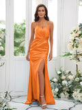 Sheath/Column Elastic Woven Satin Ruched Spaghetti Straps Sleeveless Sweep/Brush Train Bridesmaid Dresses TPP0004935