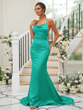 Sheath/Column Charmeuse Ruched Square Sleeveless Sweep/Brush Train Bridesmaid Dresses TPP0004912