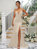 Sheath/Column Silk like Satin Ruched V-neck Sleeveless Sweep/Brush Train Bridesmaid Dresses TPP0004907