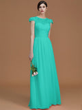 A-Line/Princess Jewel Short Sleeves Floor-Length Lace Chiffon Bridesmaid Dresses TPP0005810