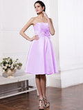 A-Line/Princess Strapless Sleeveless Pleats Hand-Made Flower Short Elastic Woven Satin Bridesmaid Dresses TPP0005843