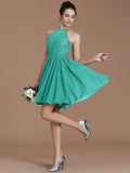 A-Line/Princess Halter Sleeveless Lace Short/Mini Chiffon Bridesmaid Dresses TPP0005132