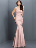 Trumpet/Mermaid V-neck Hand-Made Flower Sleeveless Long Taffeta Bridesmaid Dresses TPP0005170