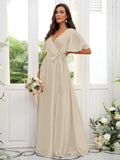 A-Line/Princess Silk like Satin Sash/Ribbon/Belt V-neck Short Sleeves Floor-Length Bridesmaid Dresses TPP0004897