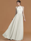 A-Line/Princess Halter Sleeveless Floor-Length Lace Chiffon Bridesmaid Dresses TPP0005137