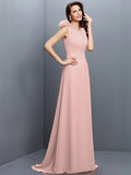 A-Line/Princess Bateau Hand-Made Flower Sleeveless Long Chiffon Bridesmaid Dresses TPP0005638