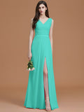 A-Line/Princess V-neck Sleeveless Floor-Length Ruched Chiffon Bridesmaid Dresses TPP0005284