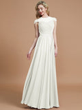 A-Line/Princess Scoop Short Sleeves Chiffon Floor-Length Bridesmaid Dresses TPP0005597