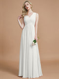 A-Line/Princess V-neck Sleeveless Ruched Floor-Length Chiffon Bridesmaid Dresses TPP0005343