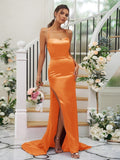 Sheath/Column Elastic Woven Satin Ruched Square Sleeveless Sweep/Brush Train Bridesmaid Dresses TPP0004933