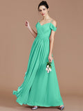 A-Line/Princess Off-the-Shoulder Sleeveless Ruched Floor-Length Chiffon Bridesmaid Dresses TPP0005174