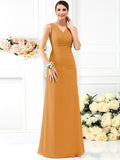 Sheath/Column V-neck Pleats Sleeveless Long Chiffon Bridesmaid Dresses TPP0005028