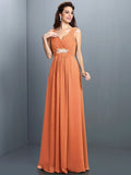 A-Line/Princess V-neck Beading Pleats Sleeveless Long Chiffon Bridesmaid Dresses TPP0005270