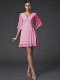 A-Line/Princess V-neck 1/2 Sleeves Beading Short Chiffon Bridesmaid Dresses TPP0005089