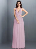 A-Line/Princess V-neck Pleats Sleeveless Long Chiffon Bridesmaid Dresses TPP0003797