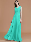 A-Line/Princess V-neck Sleeveless Floor-Length Lace Chiffon Bridesmaid Dresses TPP0005542