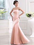 Sheath/Column Strapless Sleeveless Long Pleats Satin Bridesmaid Dresses TPP0005434