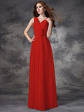 A-line/Princess V-neck Hand-Made Flower Sleeveless Long Chiffon Bridesmaid Dresses TPP0005784