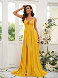 A-Line/Princess Jersey Ruffles V-neck Sleeveless Sweep/Brush Train Bridesmaid Dresses TPP0004896