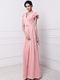 Sheath/Column V-neck Short Sleeves Pleats Long Chiffon Bridesmaid Dresses TPP0005438