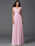 A-Line/Princess Straps Ruffles Sleeveless Long Chiffon Bridesmaid Dresses TPP0005470