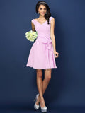 A-Line/Princess V-neck Pleats Bowknot Sleeveless Short Chiffon Bridesmaid Dresses TPP0005372